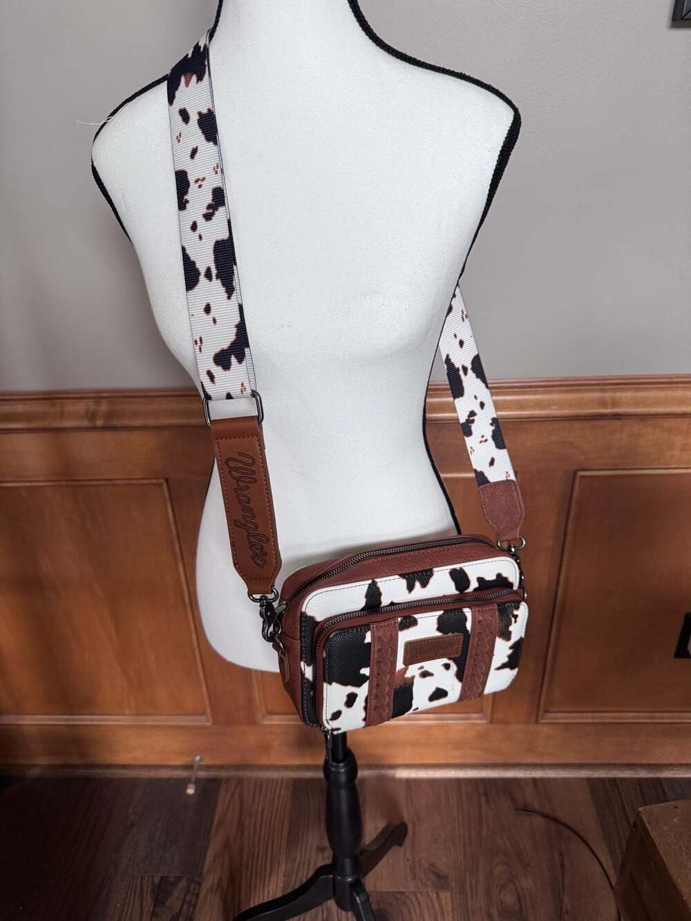 Wrangler Cow Print Crossbody Bag Guitar Strap Western Purse
